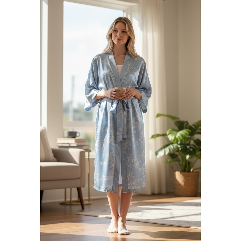 Jones New York Women Blue Floral Paisley Satin Long Robe L/XL Kimono Wrap Belted
